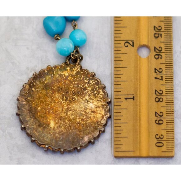 18 inch, Vintage Mandala Turquoise Floral Necklace Gold Tone Necklace - CP1 - Picture 3 of 3